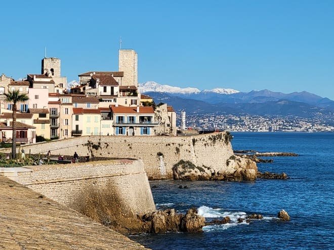 Ramparts of Antibes with the French Alps in the distance