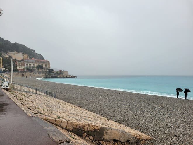 Rainy day in Nice. Umbrellas on the beach